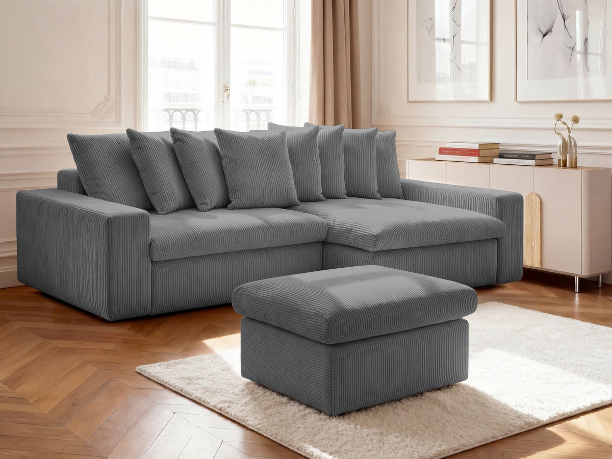 Canapé d'angle ENORE velours côtelé avec pouf gris foncé