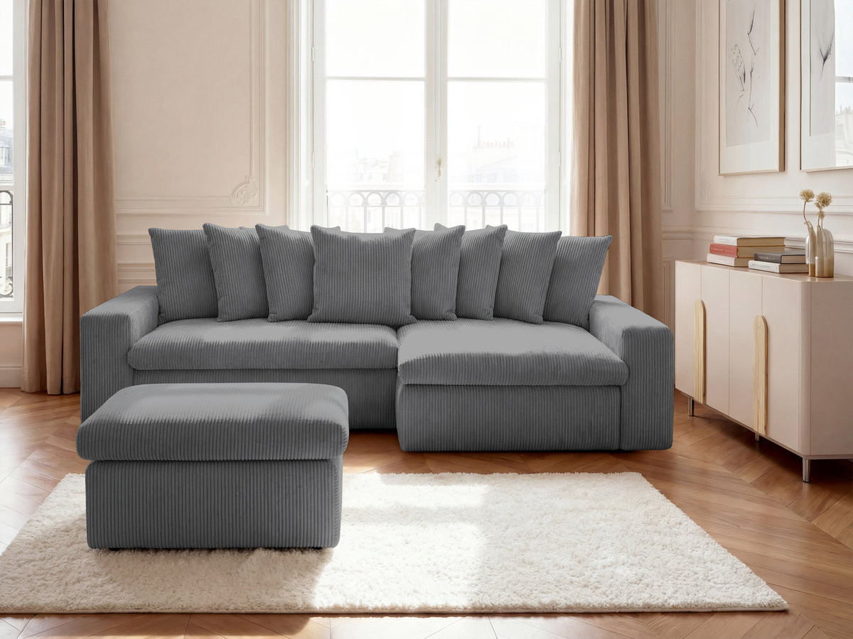 Canapé d'angle ENORE velours côtelé avec pouf gris foncé — vue 4