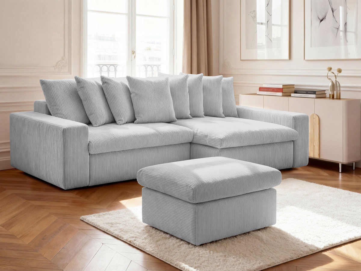 Canapé d'angle ENORE velours côtelé avec pouf gris clair