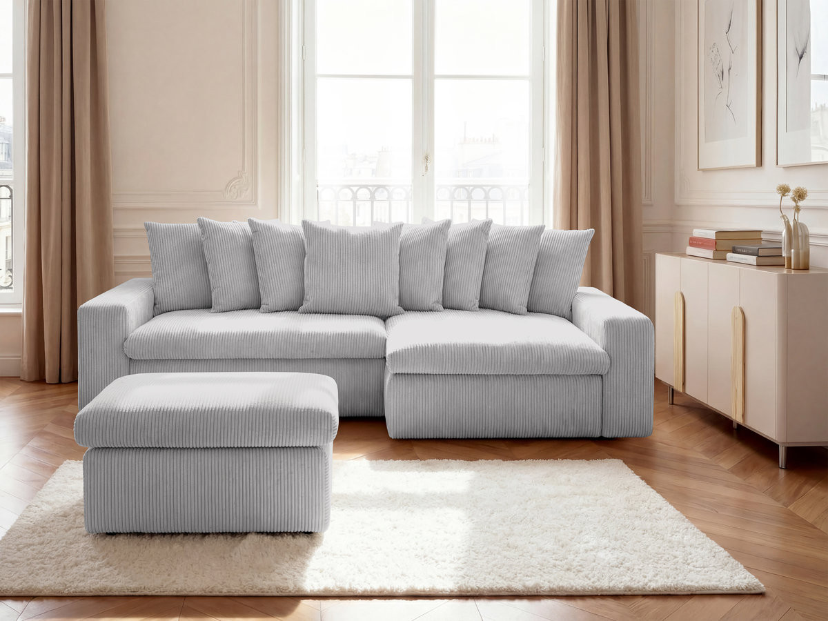 Canapé d'angle fixe ENORE velours côtelé avec pouf