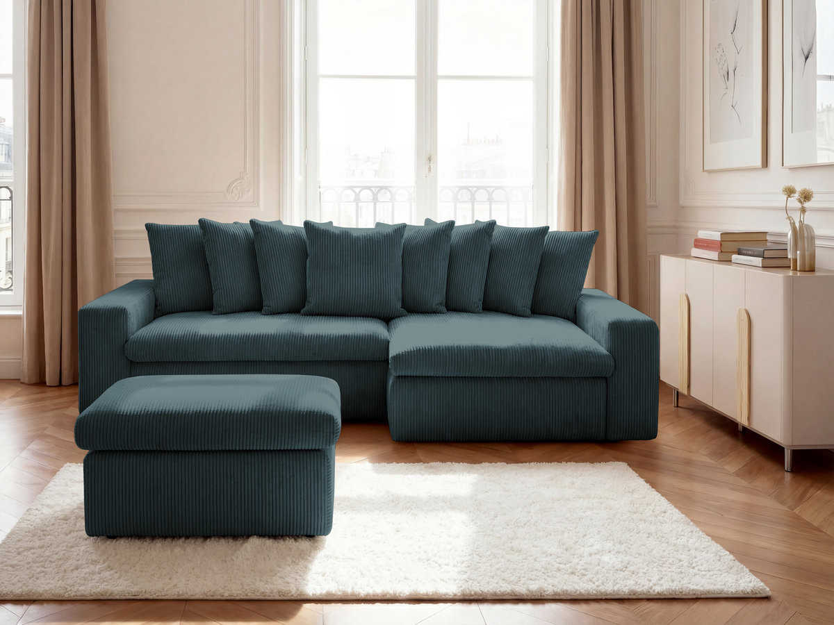 Canapé d'angle fixe ENORE velours côtelé avec pouf