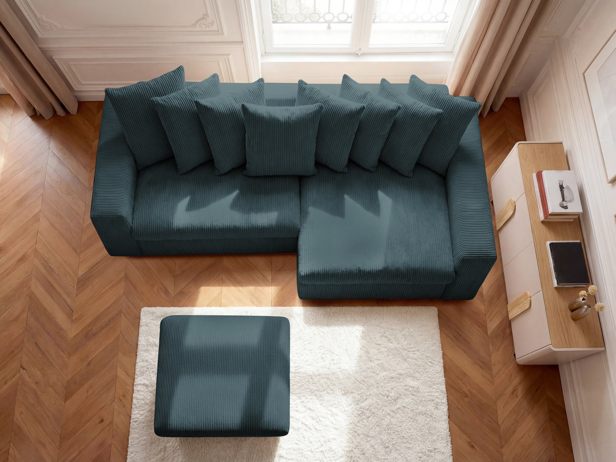 Canapé d'angle ENORE velours côtelé avec pouf bleu foncé — vue 6