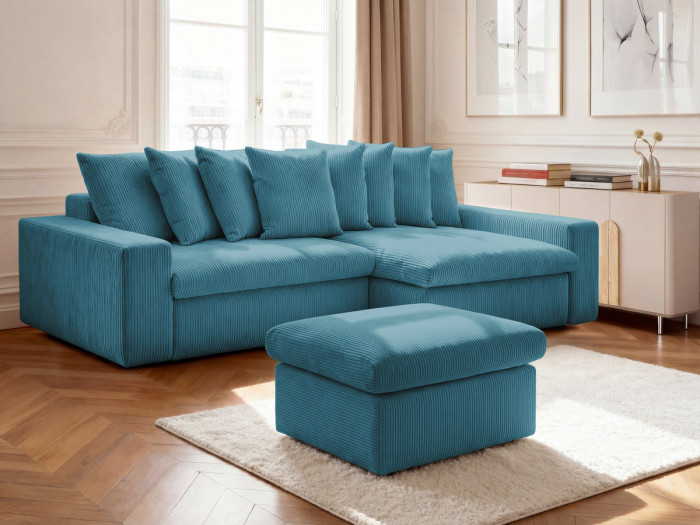 Canapé d'angle fixe ENORE velours côtelé avec pouf