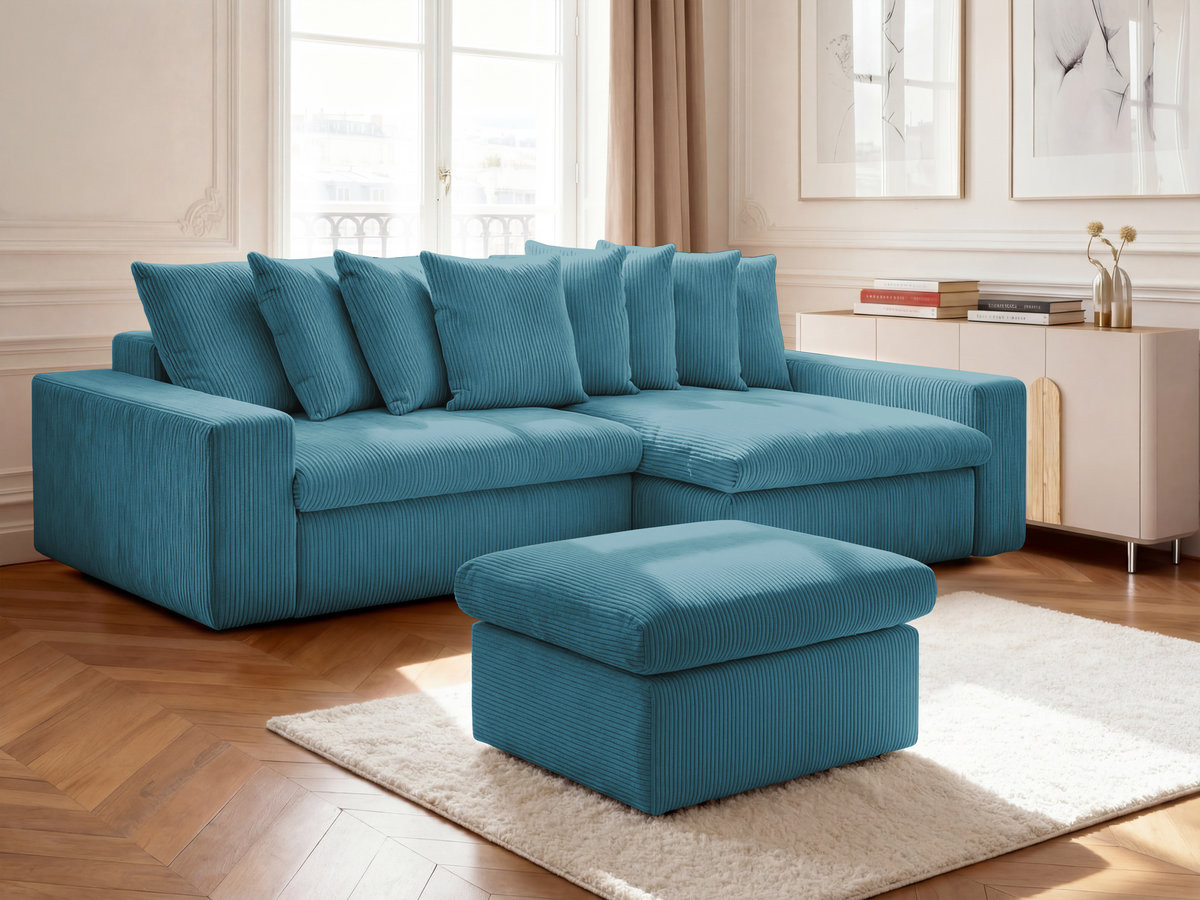 Canapé d'angle ENORE velours côtelé avec pouf bleu clair