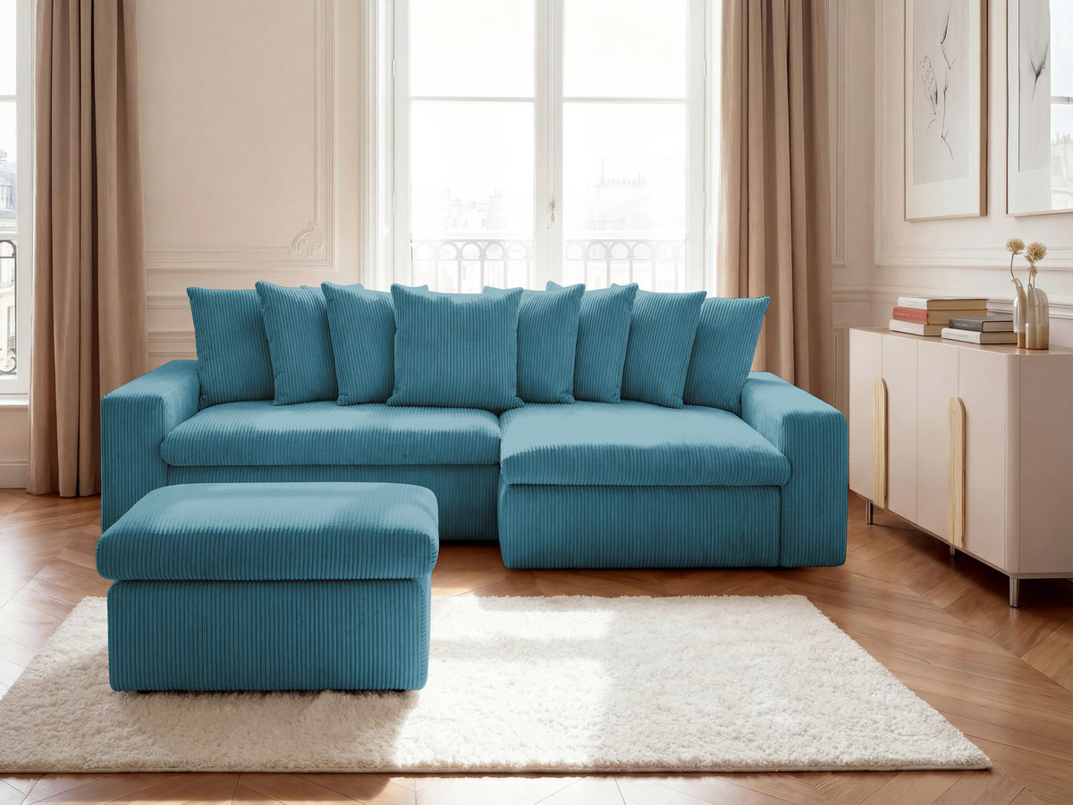 Canapé d'angle ENORE velours côtelé avec pouf bleu clair — vue 4