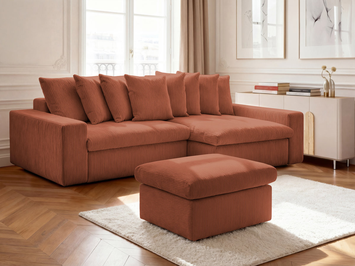Canapé d'angle fixe ENORE velours côtelé avec pouf