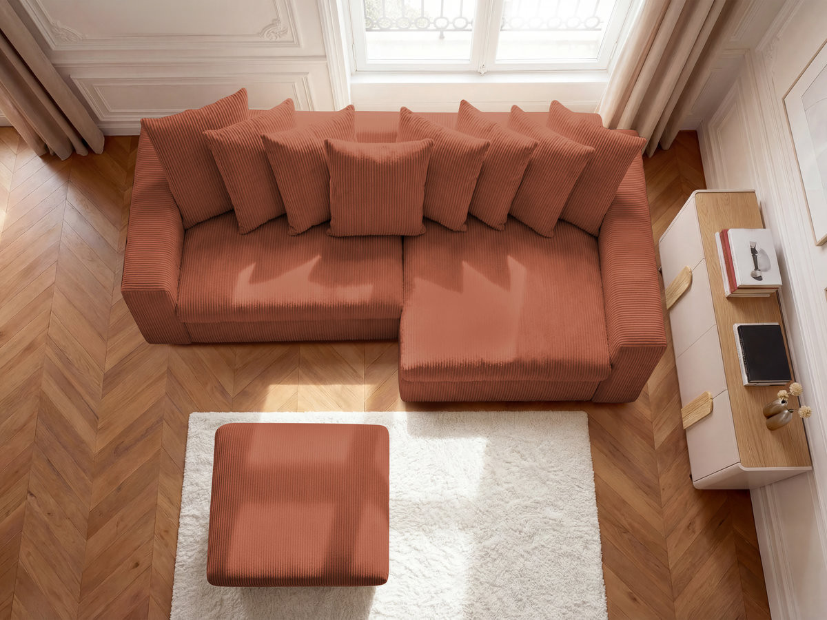 Canapé d'angle fixe ENORE velours côtelé avec pouf