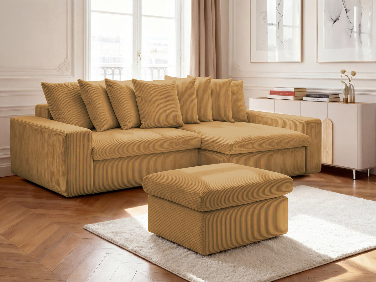 Canapé d'angle fixe ENORE velours côtelé avec pouf