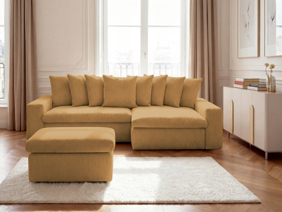Canapé d'angle fixe ENORE velours côtelé avec pouf