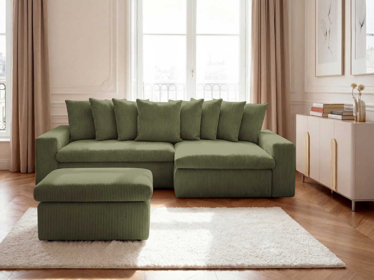 Canapé d'angle ENORE velours côtelé avec pouf vert clair — vue 4