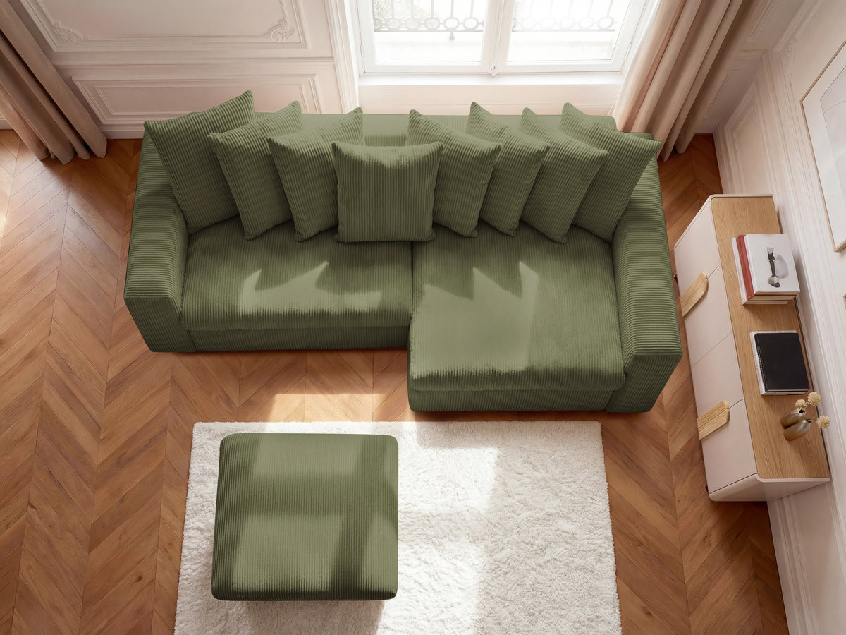 Canapé d'angle ENORE velours côtelé avec pouf vert clair — vue 6