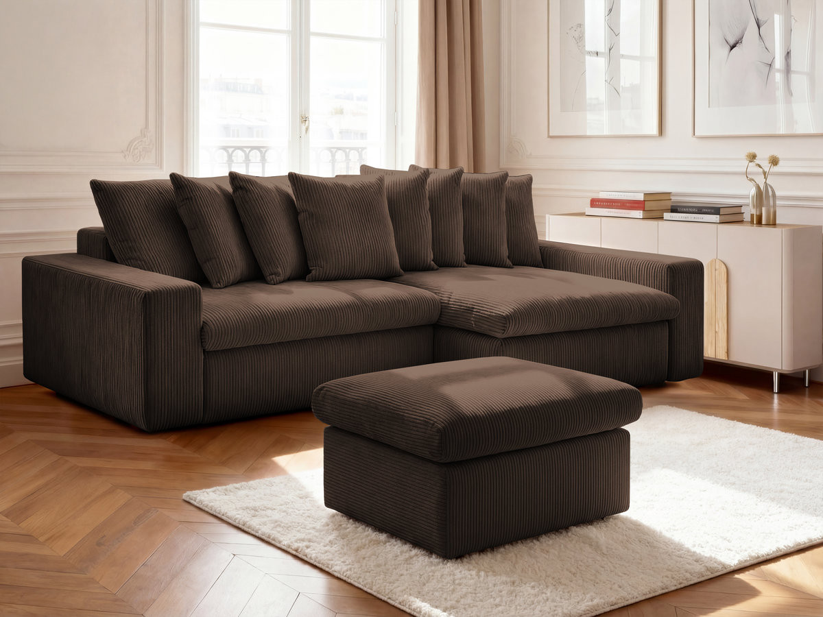 Canapé d'angle ENORE velours côtelé avec pouf marron