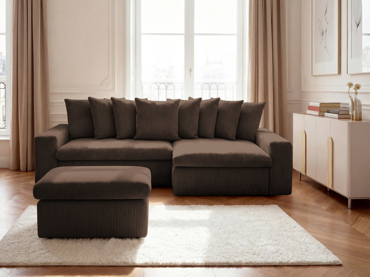 Canapé d'angle ENORE velours côtelé avec pouf marron — vue 4