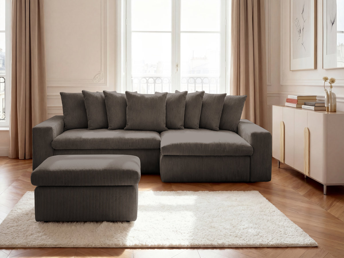 Canapé d'angle fixe ENORE velours côtelé avec pouf