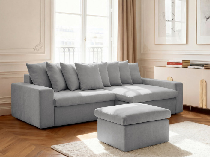 Canapé d'angle fixe ENORE tissu lisse avec pouf