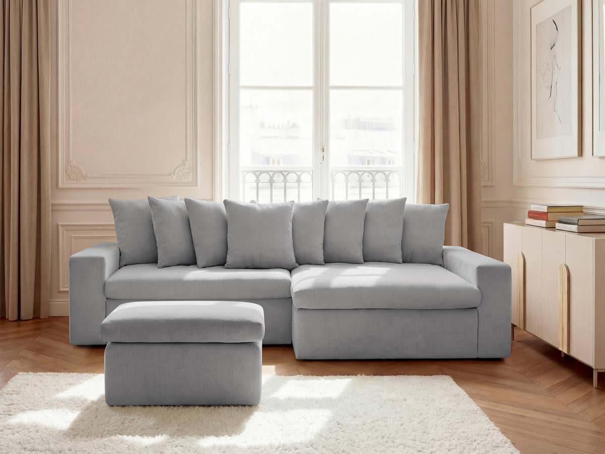 Canapé d'angle ENORE lisse avec pouf gris clair — vue 4