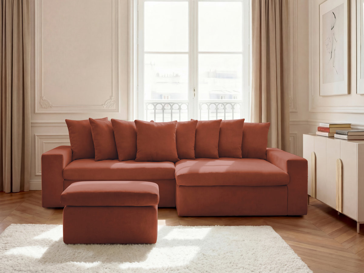 Canapé d'angle ENORE lisse avec pouf rouge — vue 4