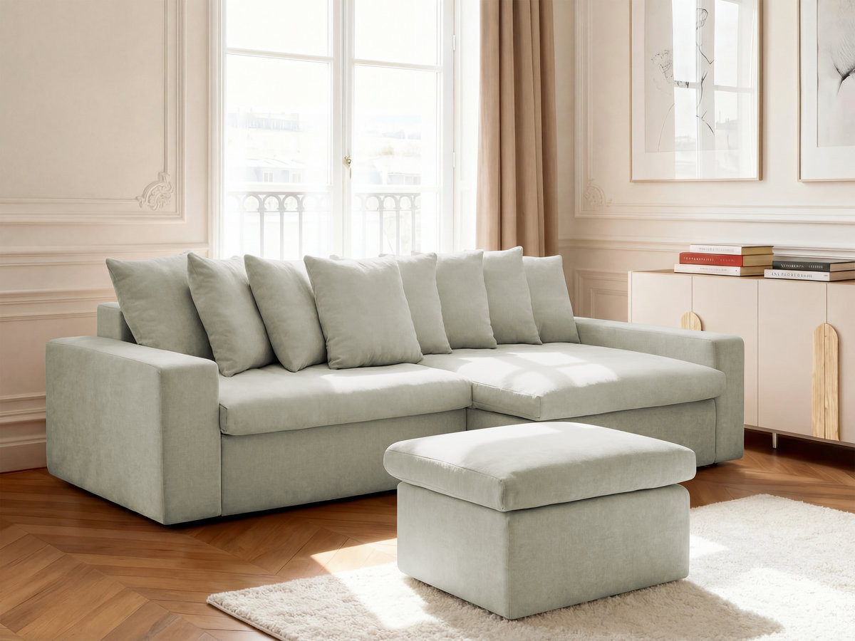 ENORE vaste hoekbank in gladde stof met voetenbank