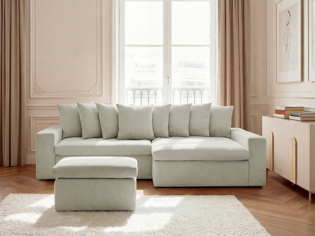 ENORE vaste hoekbank in gladde stof met voetenbank