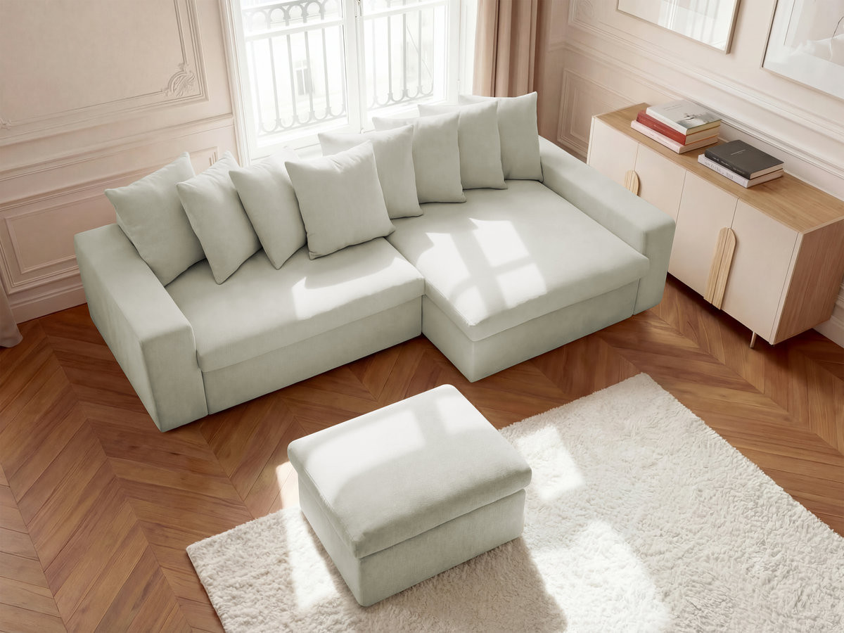 ENORE vaste hoekbank in gladde stof met voetenbank