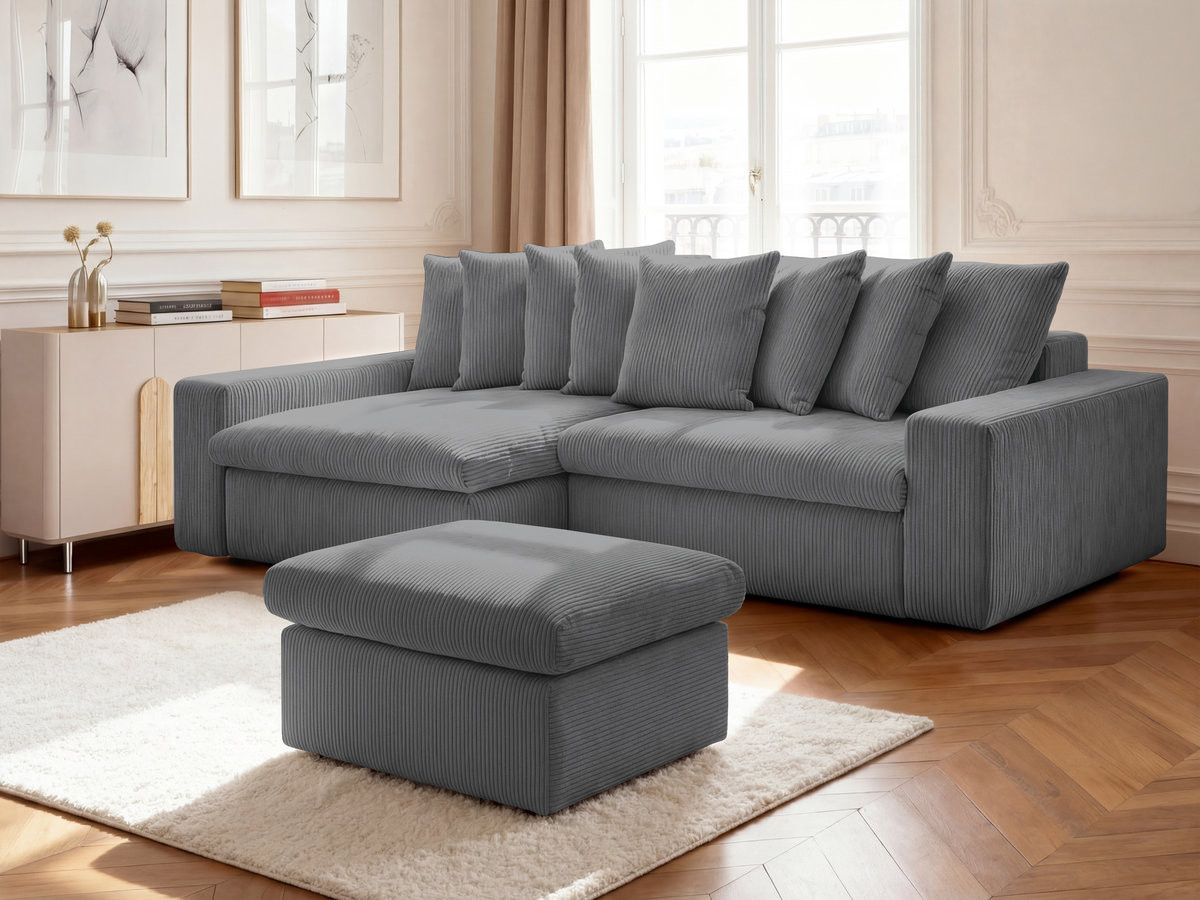 Canapé d'angle fixe ENORE velours côtelé avec pouf
