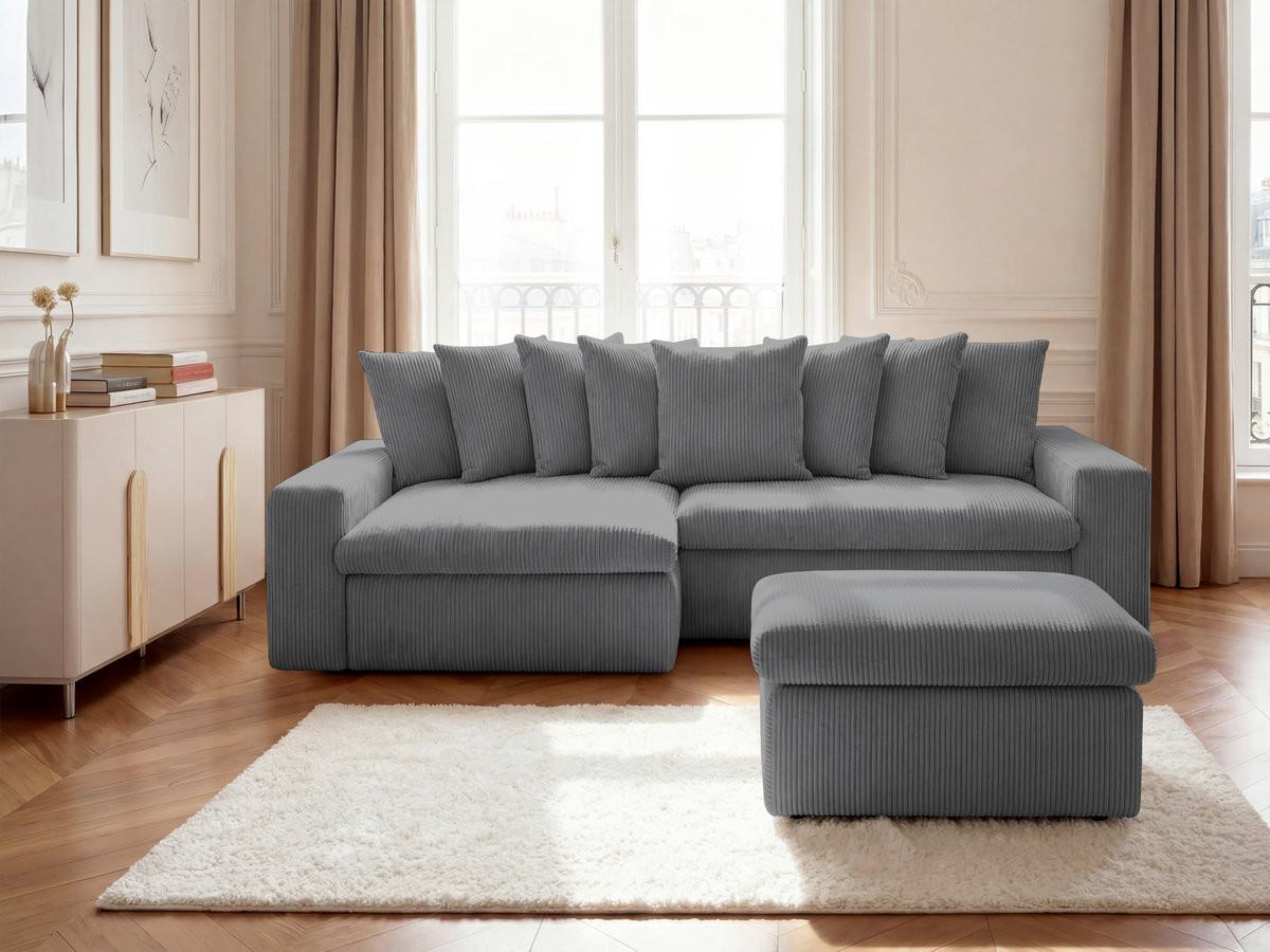 Canapé d'angle fixe ENORE velours côtelé avec pouf