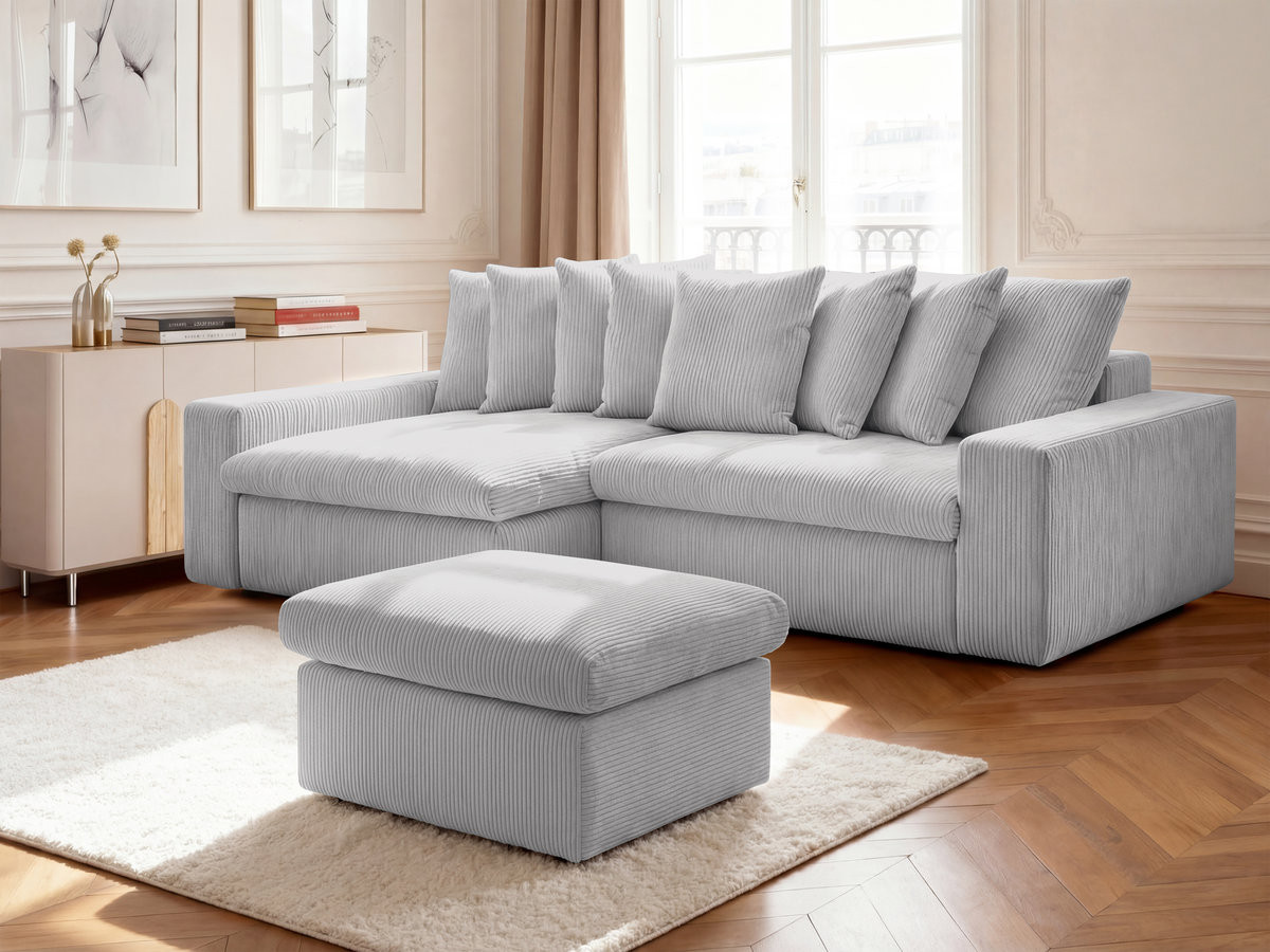 Canapé d'angle fixe ENORE velours côtelé avec pouf