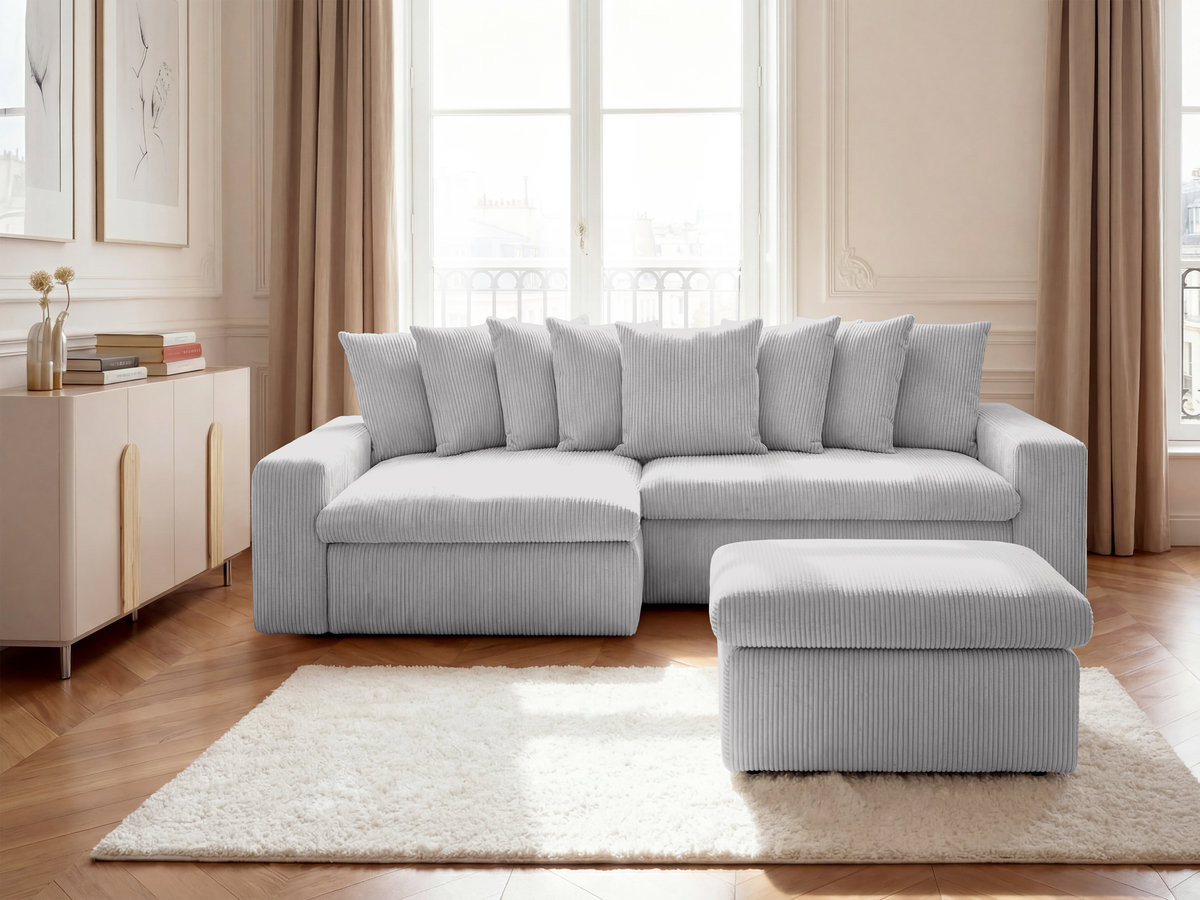 Canapé d'angle fixe ENORE velours côtelé avec pouf