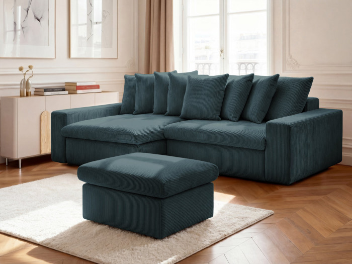 Canapé d'angle fixe ENORE velours côtelé avec pouf