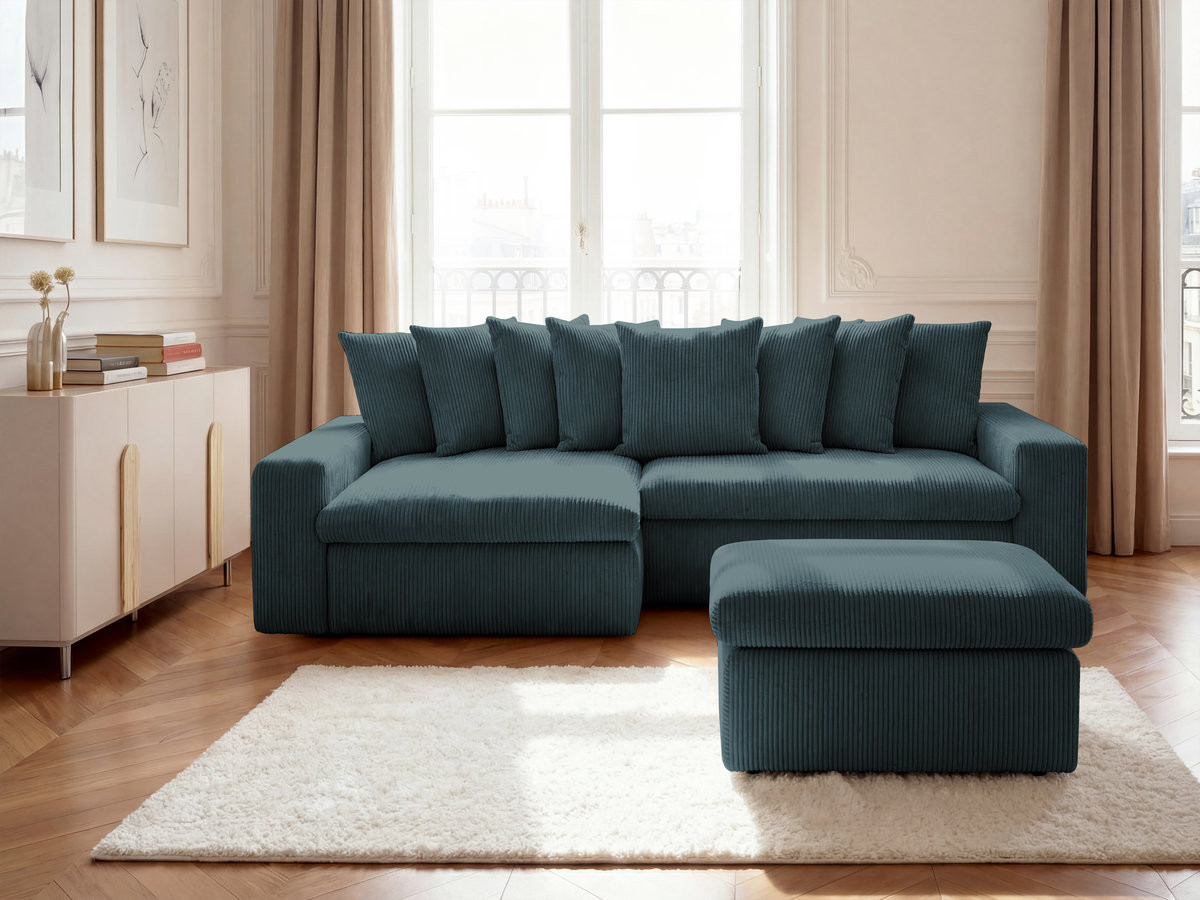 Canapé d'angle fixe ENORE velours côtelé avec pouf