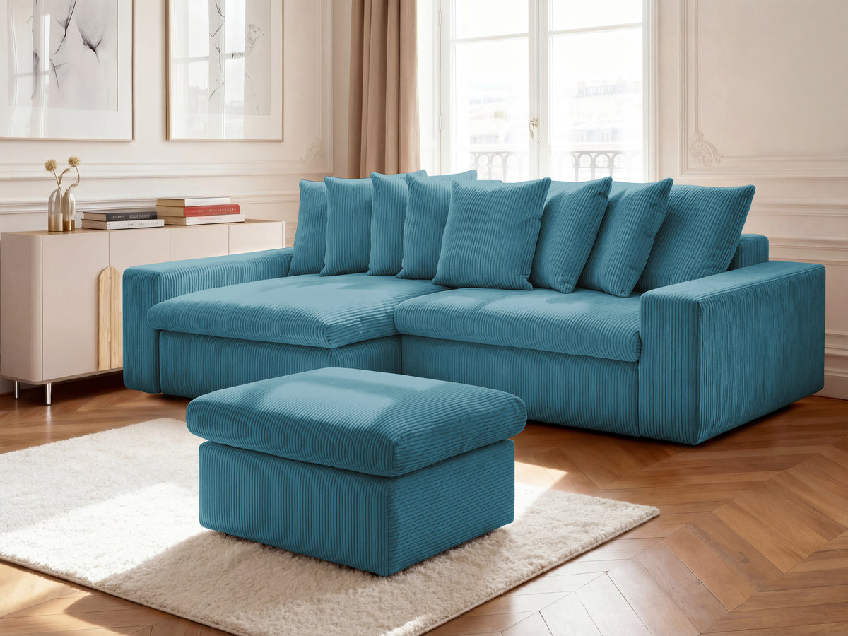 Canapé d'angle fixe ENORE velours côtelé avec pouf