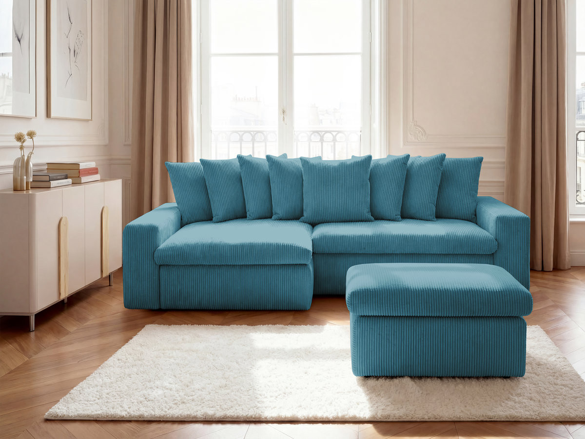 Canapé d'angle fixe ENORE velours côtelé avec pouf
