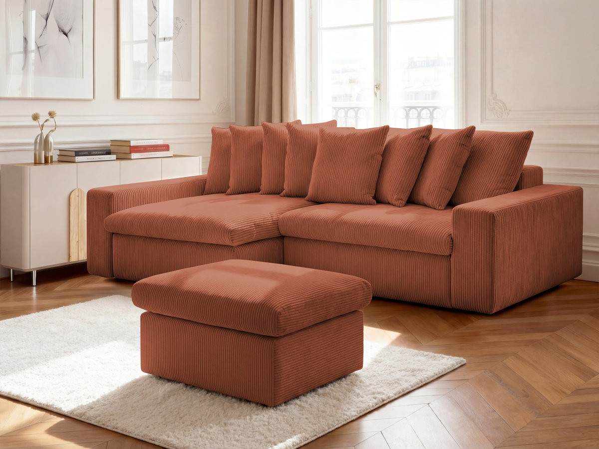 Canapé d'angle fixe ENORE velours côtelé avec pouf orange angle gauche BOBOCHIC 3 places