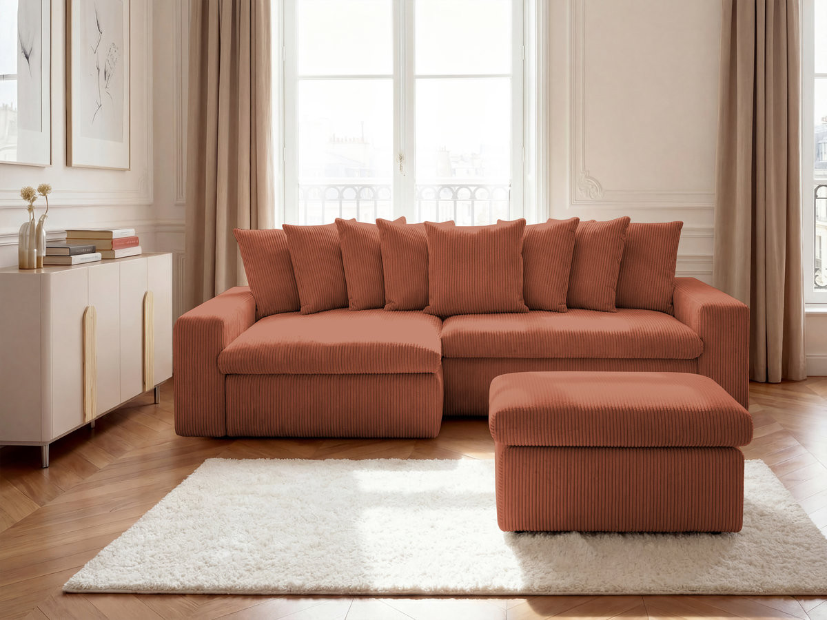 Canapé d'angle fixe ENORE velours côtelé avec pouf