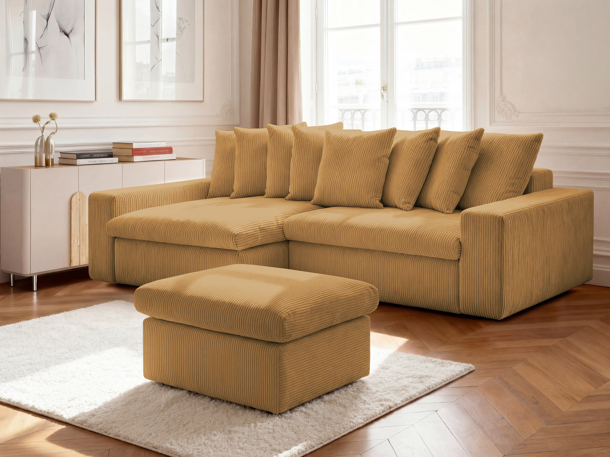 Canapé d'angle fixe ENORE velours côtelé avec pouf