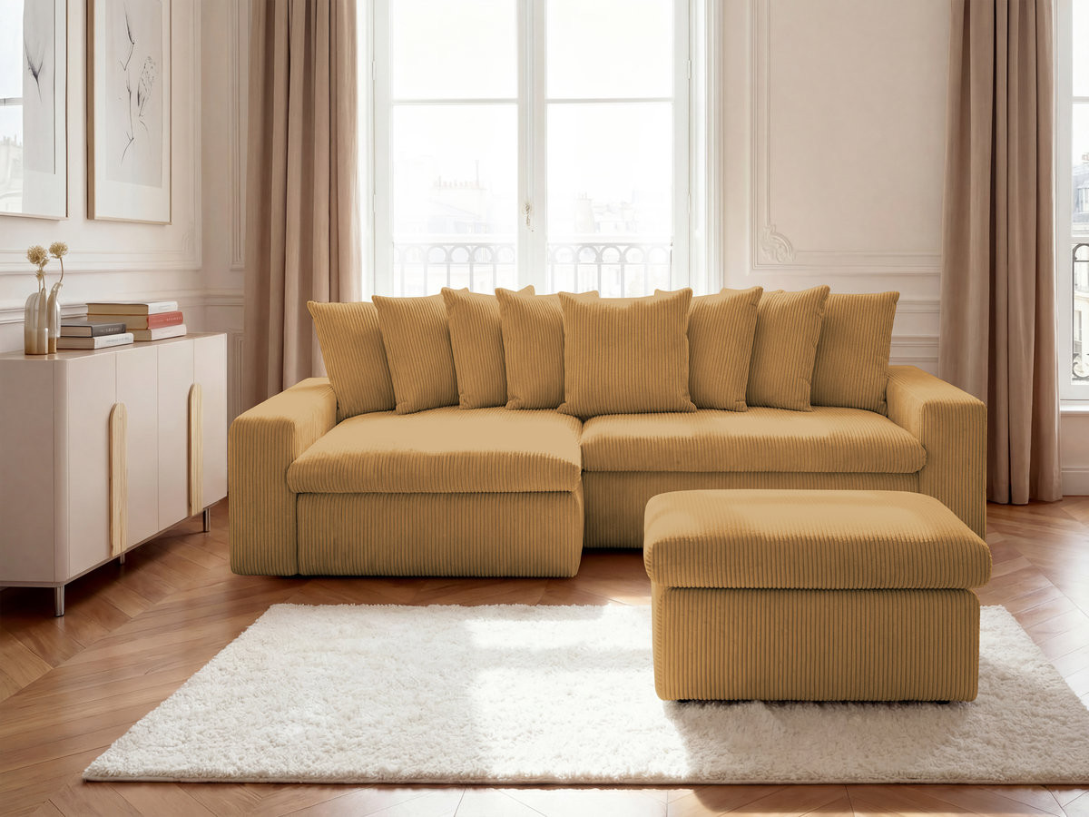 Canapé d'angle fixe ENORE velours côtelé avec pouf