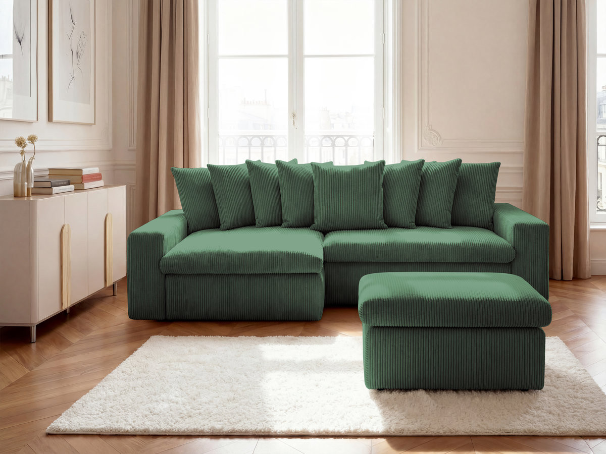 Canapé d'angle fixe ENORE velours côtelé avec pouf