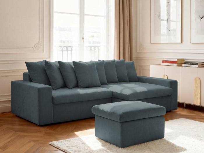 Canapé d'angle fixe ENORE tissu lisse avec pouf