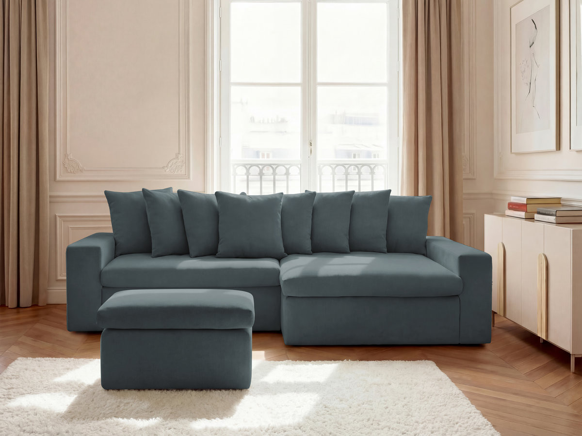 Canapé d'angle ENORE lisse avec pouf bleu — vue 4