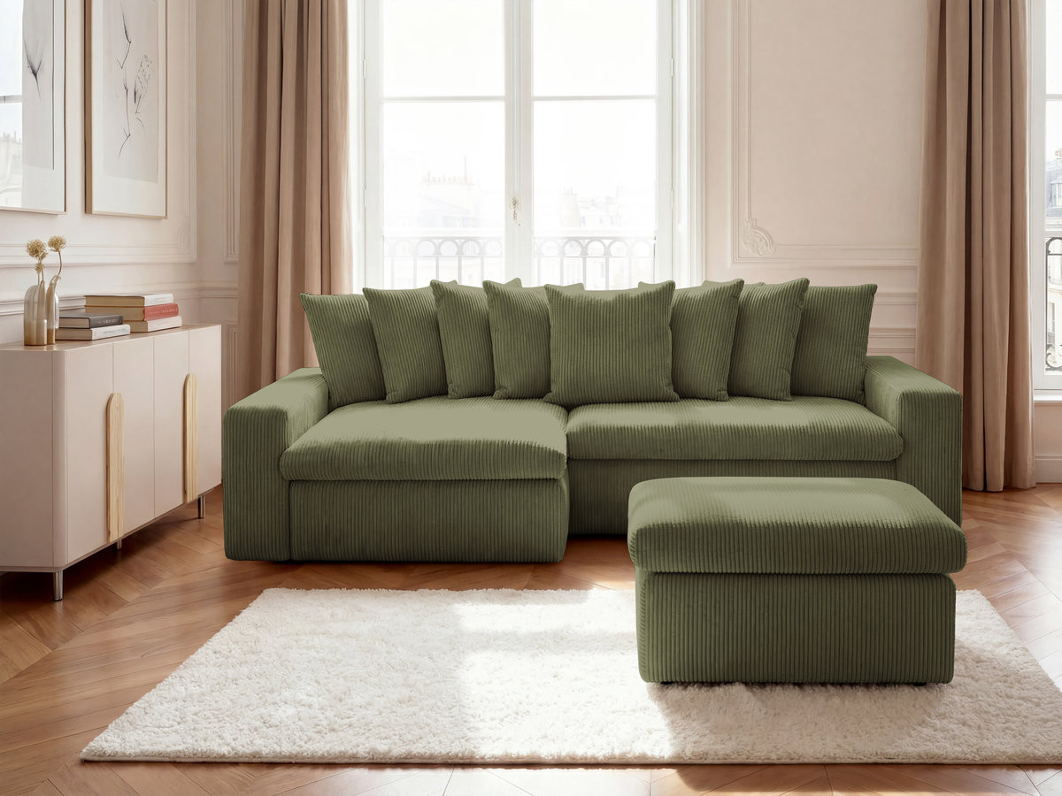 Canapé d'angle fixe ENORE velours côtelé avec pouf
