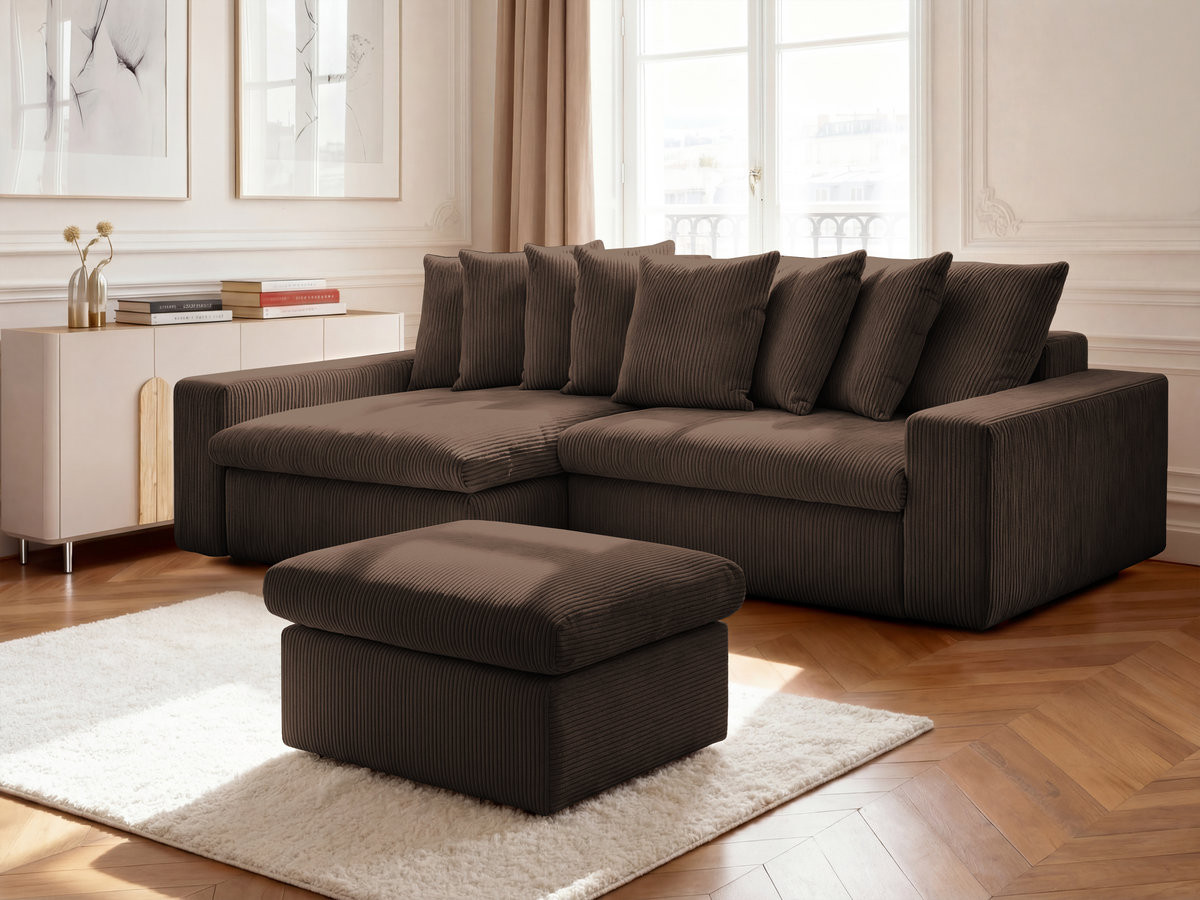 Canapé d'angle fixe ENORE velours côtelé avec pouf marron  angle gauche BOBOCHIC 3 places