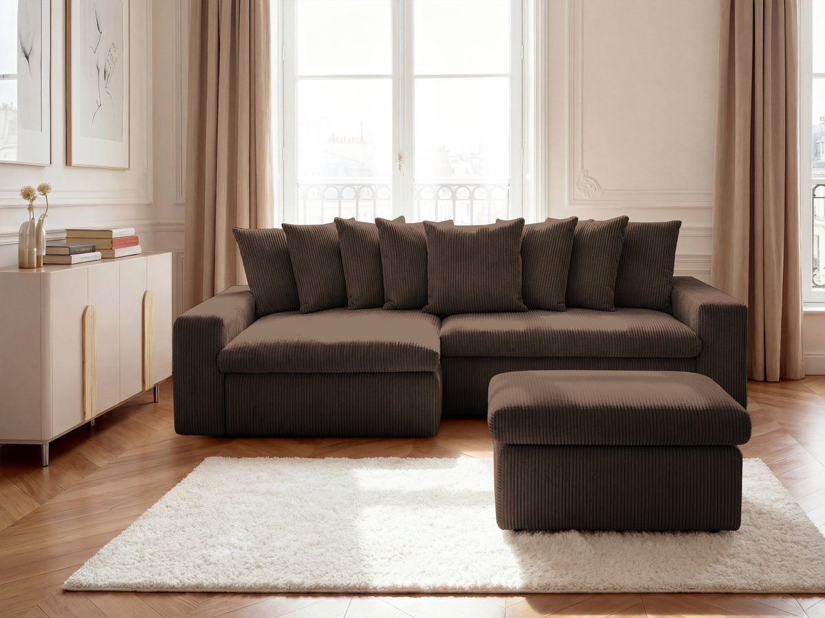 Canapé d'angle fixe ENORE velours côtelé avec pouf