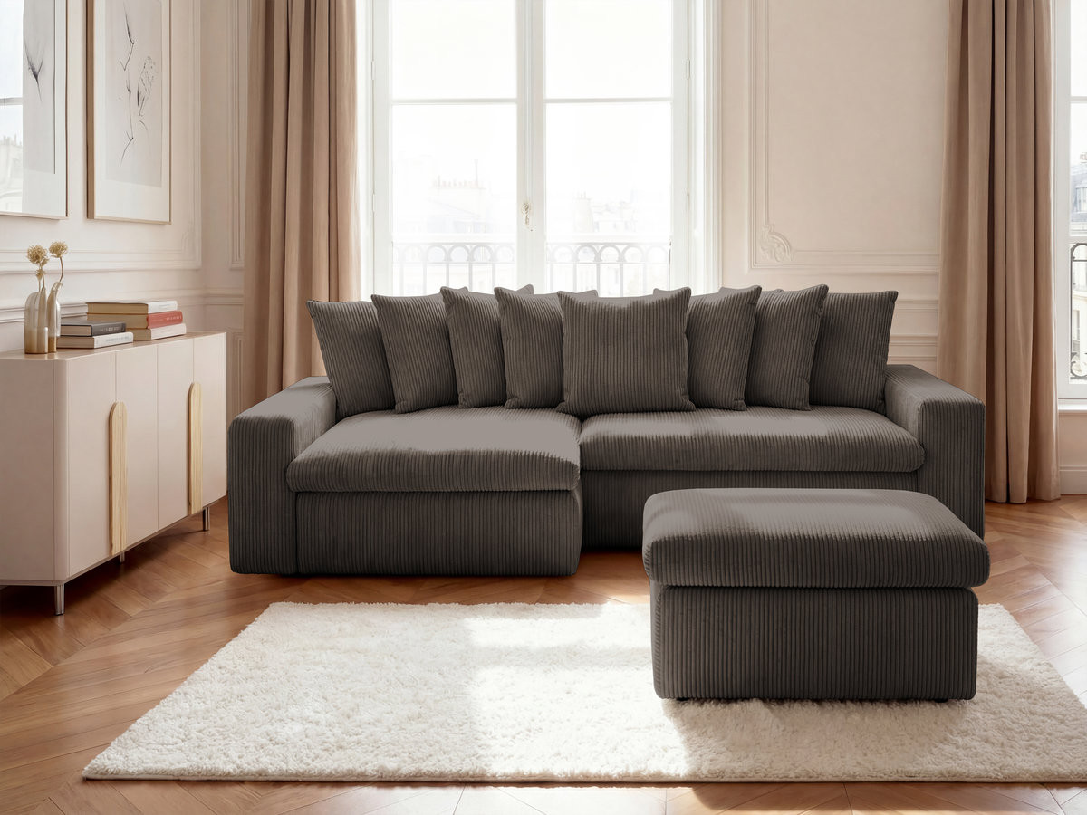 Canapé d'angle fixe ENORE velours côtelé avec pouf
