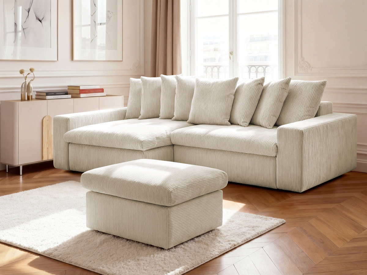 Canapé d'angle ENORE velours côtelé avec pouf beige