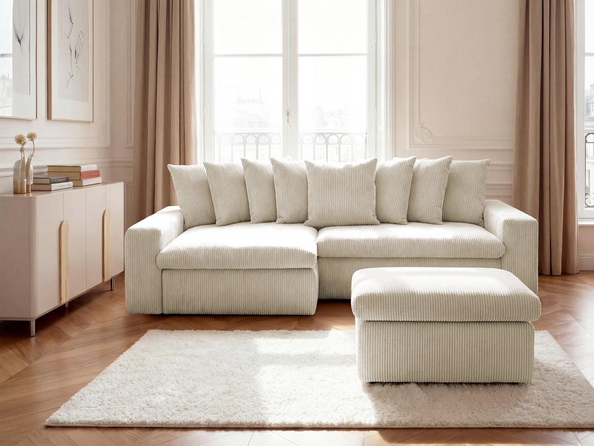 Canapé d'angle fixe ENORE velours côtelé avec pouf
