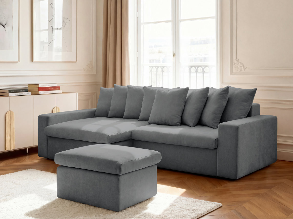 ENORE vaste hoekbank in gladde stof met voetenbank