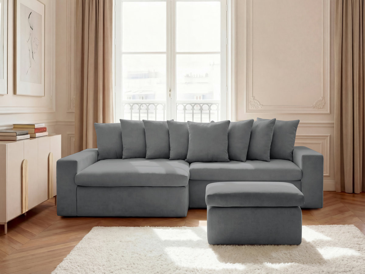 ENORE vaste hoekbank in gladde stof met voetenbank