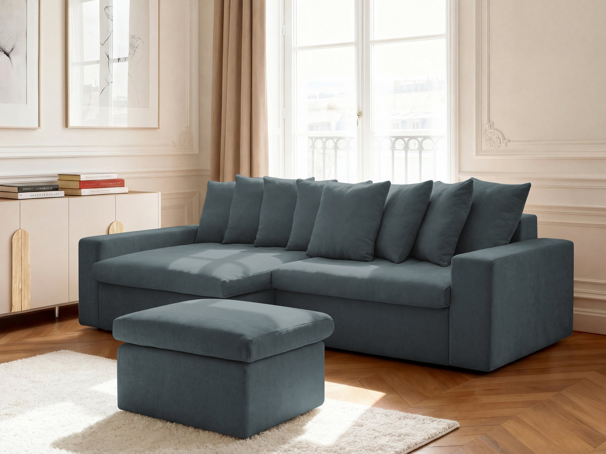 ENORE vaste hoekbank in gladde stof met voetenbank