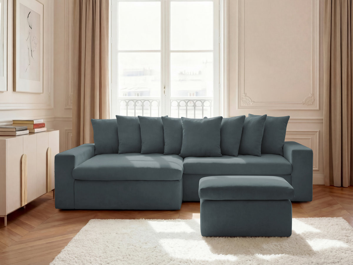 ENORE vaste hoekbank in gladde stof met voetenbank