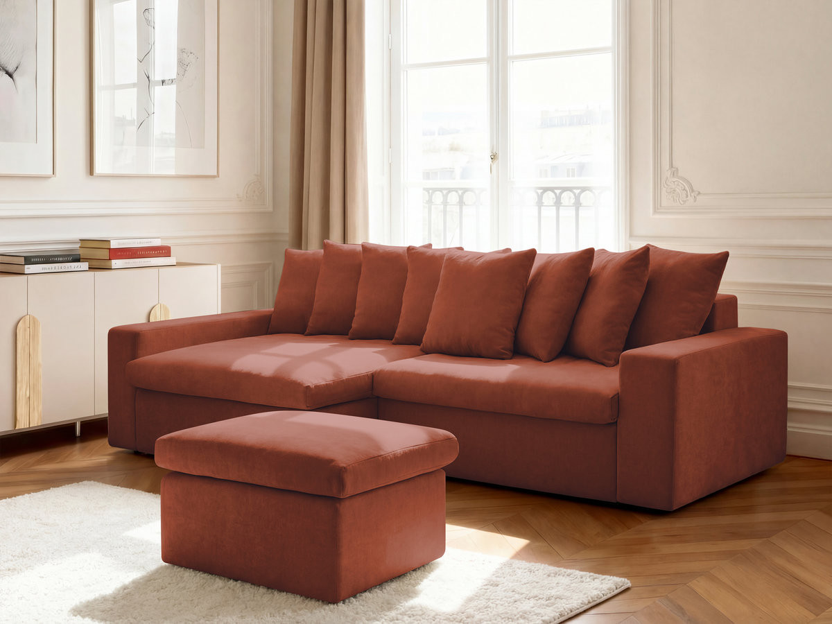 Canapé d'angle fixe ENORE tissu lisse avec pouf rouge  angle gauche BOBOCHIC 3 places